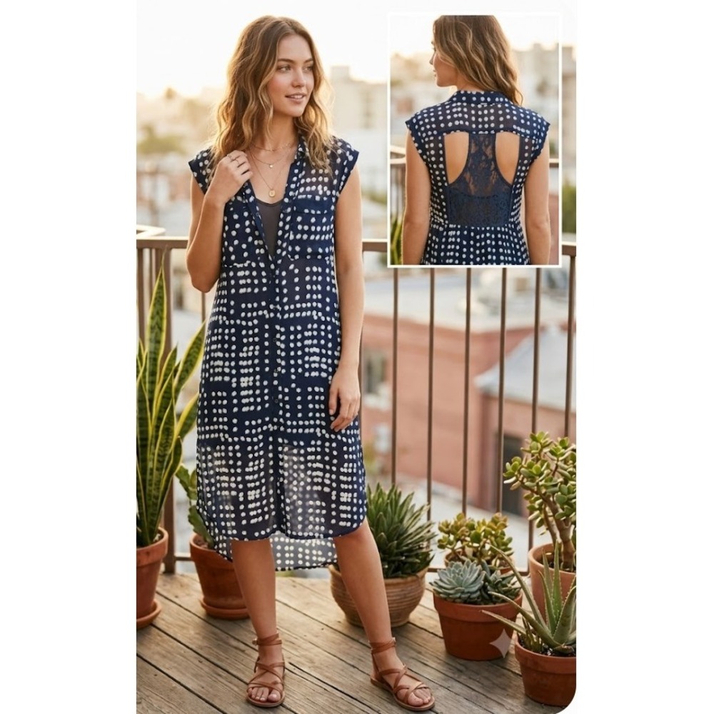 Free‎ People Chiffon Lace Back Button Down Midi Dress Indigo White Dot Print